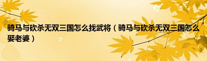 骑马与砍杀无双三国怎么找武将（骑马与砍杀无双三国怎么娶老婆）